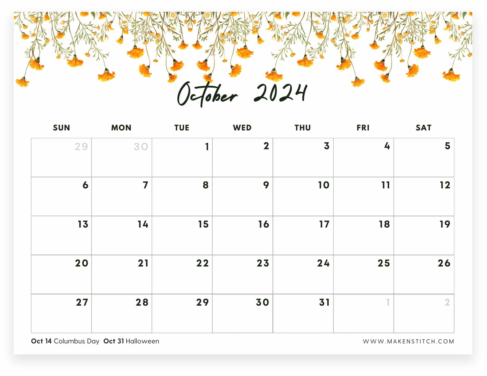 October 2024 Calendar Free Printable Makenstitch