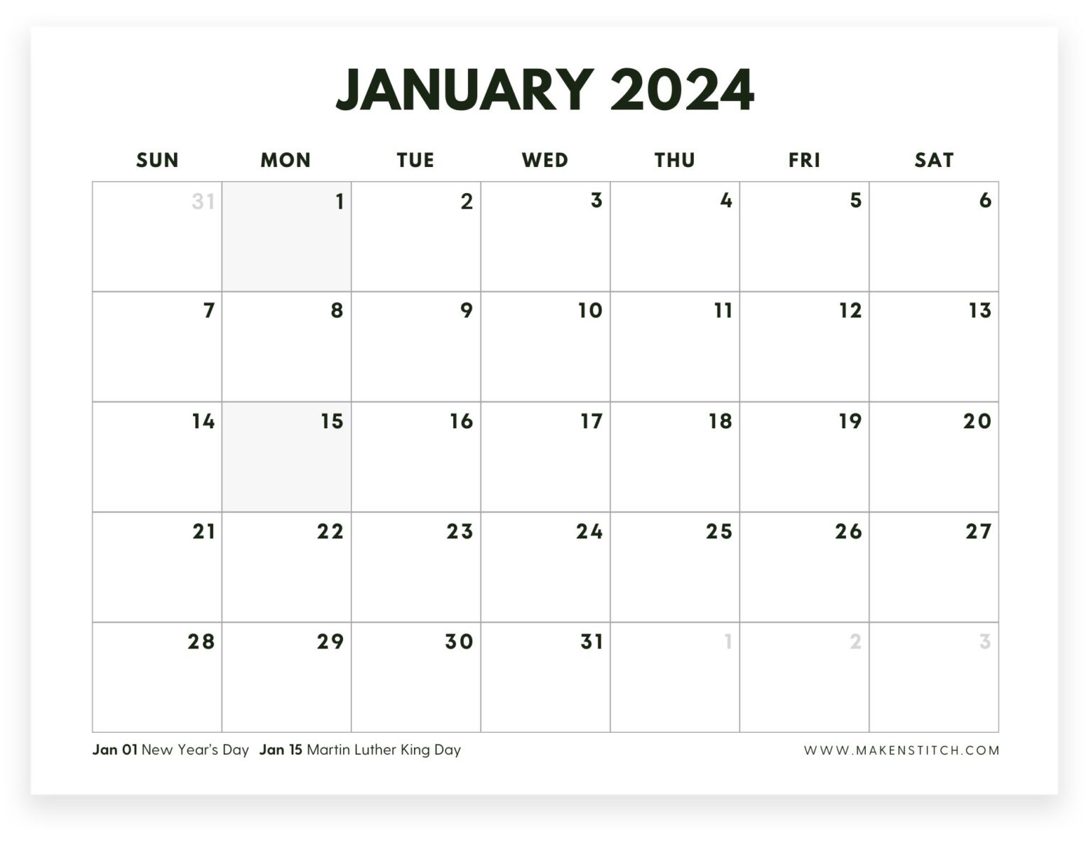 January 2024 Calendar Free Printable - Makenstitch