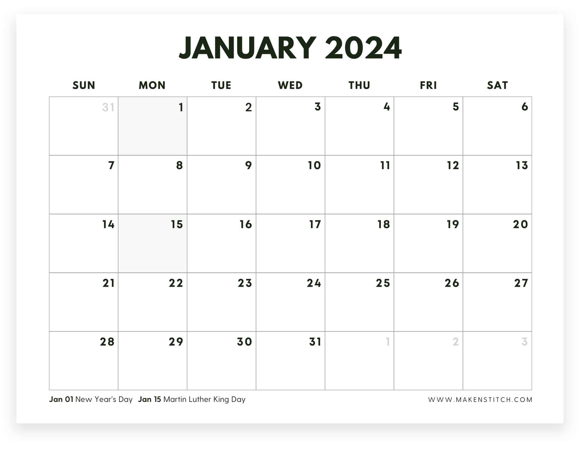 January 2024 Calendar Free Printable - Makenstitch