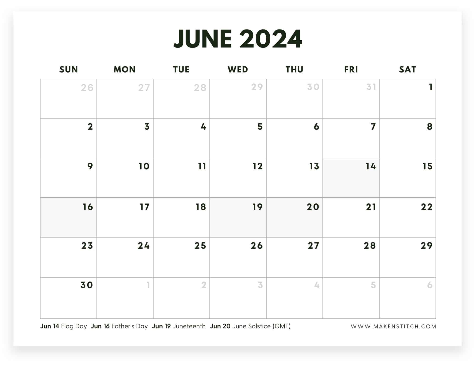 June 2024 Calendar Free Printable - Makenstitch