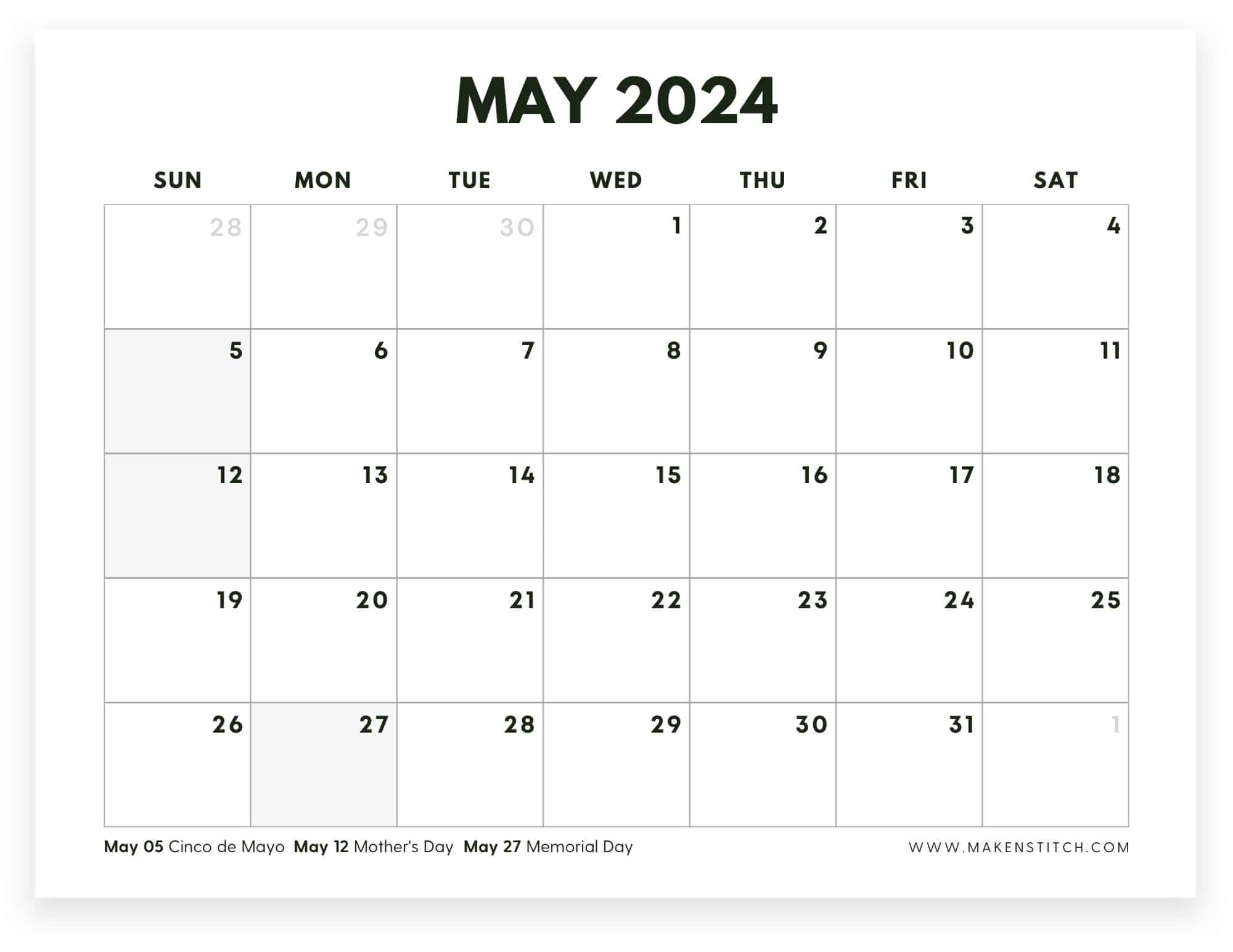 May 2024 calendar free printable makenstitch