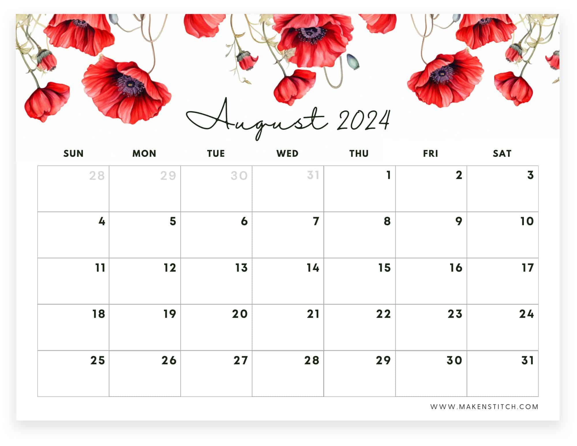 August 2024 Calendar Free Printable - Makenstitch