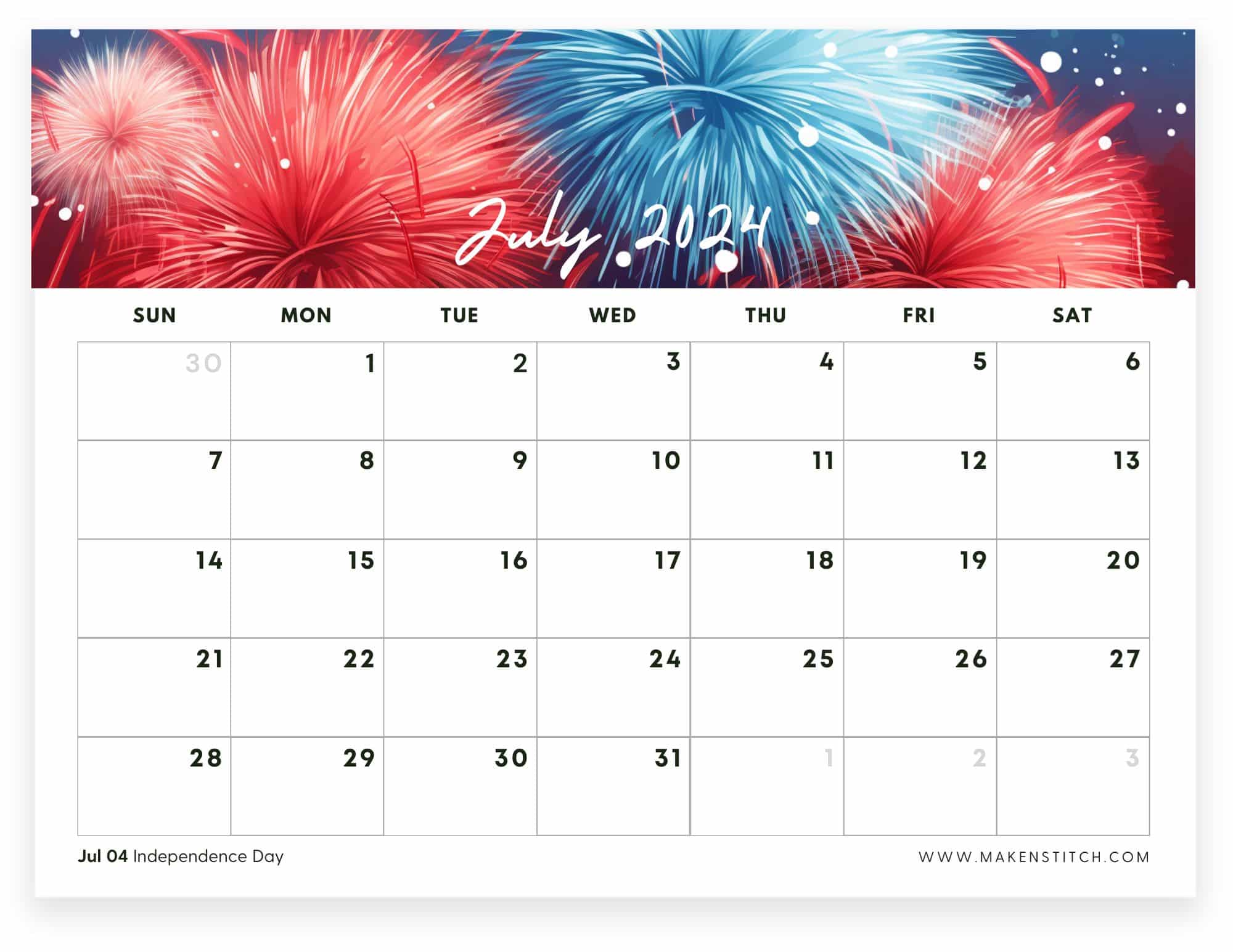 July 2024 Calendar Free Printable - Makenstitch