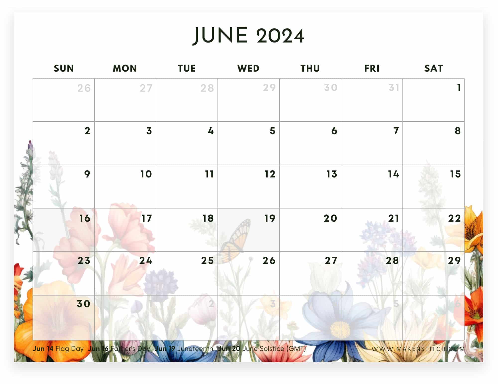 June 2024 Calendar Free Printable - Makenstitch