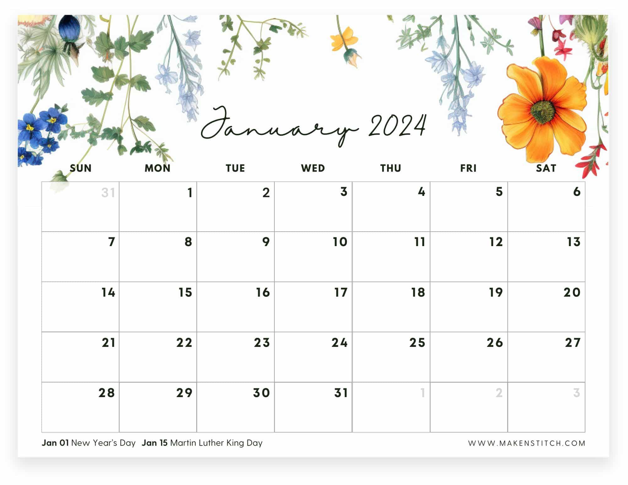 January 2024 Calendar Free Printable - Makenstitch