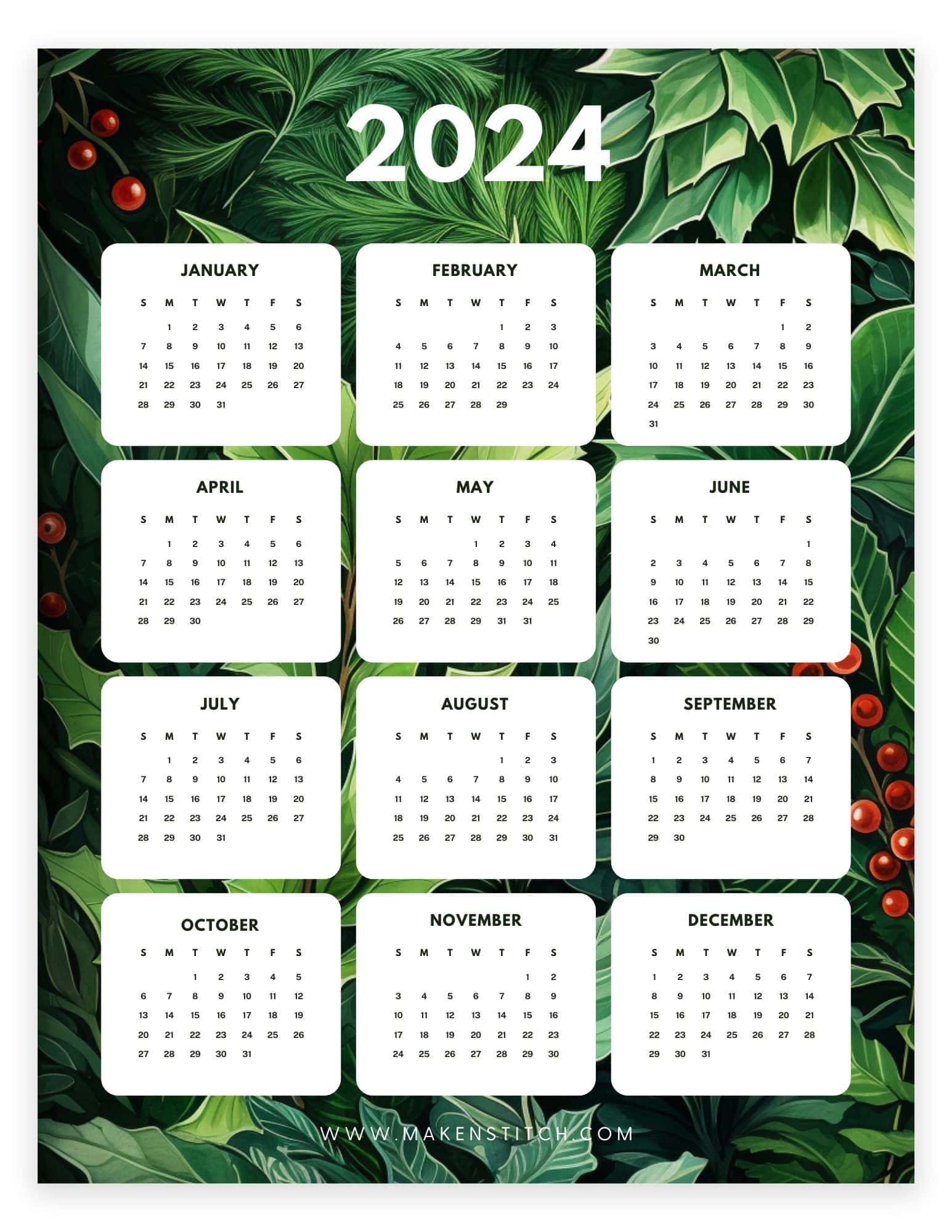 2024 Yearly Calendar Free Printables - Makenstitch