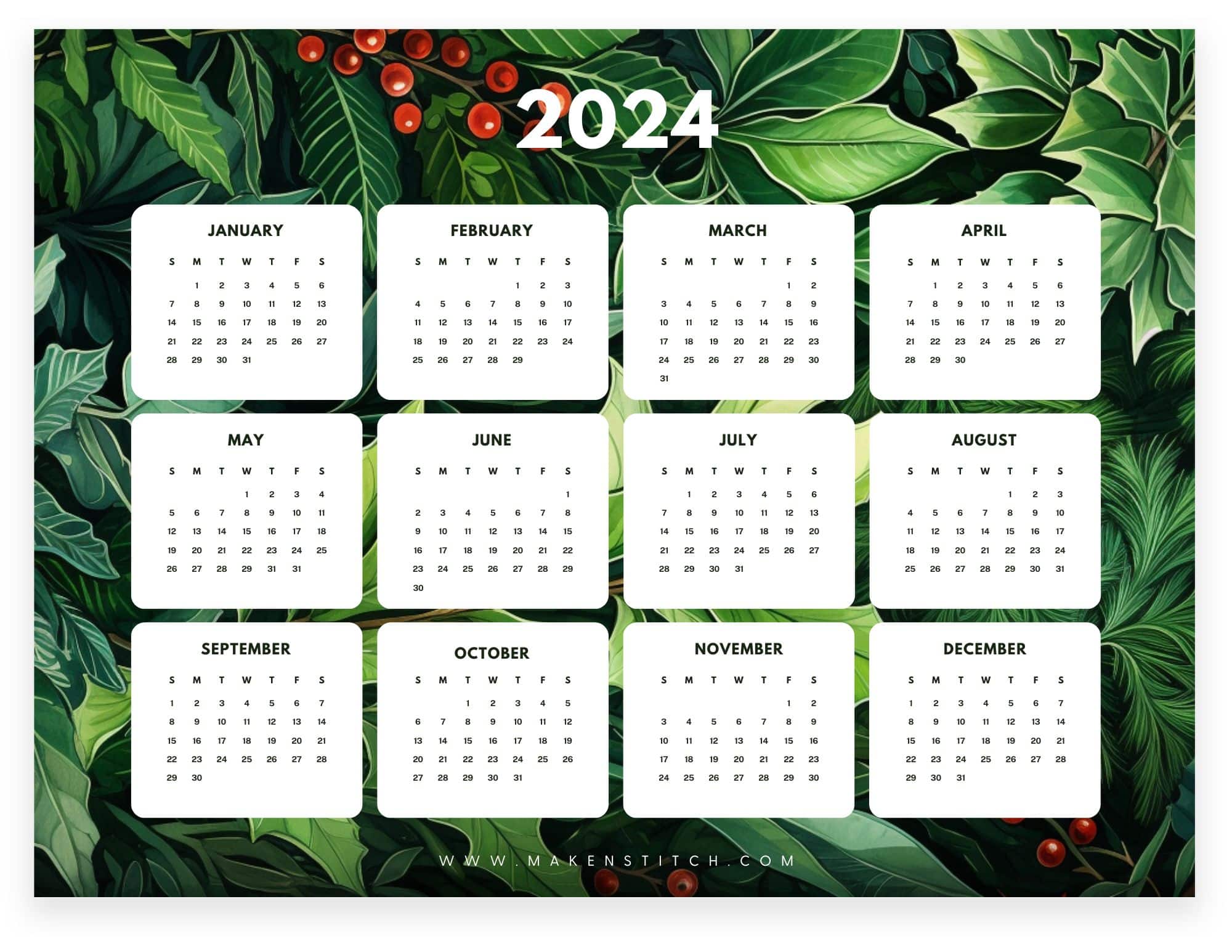 2024 Yearly Calendar Free Printables - Makenstitch