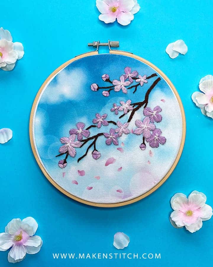 Cherry Blossom on Printed Fabric Tutorial Free Embroidery Pattern